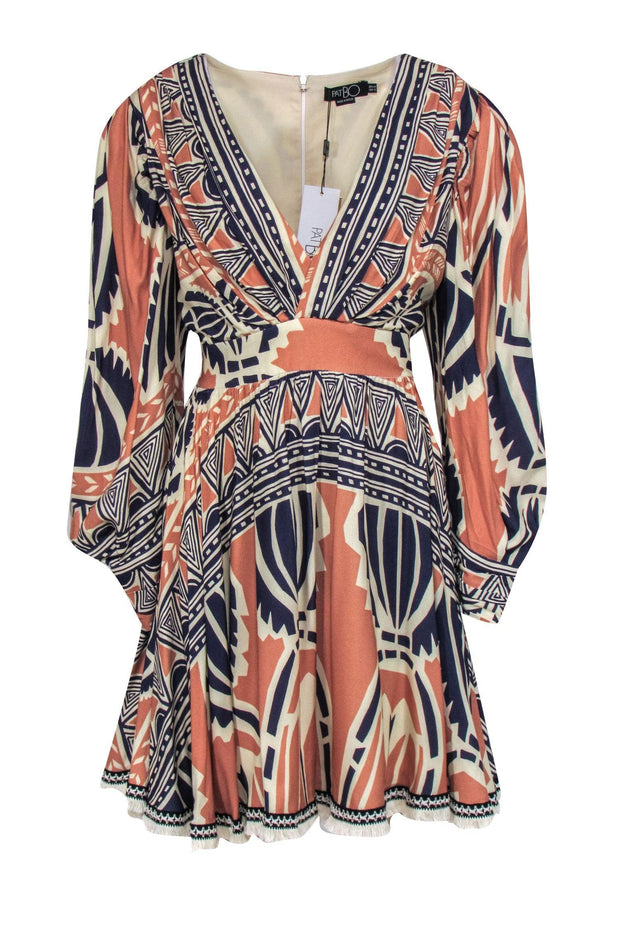 Current Boutique-PatBO - Tan, Cream, & Navy Aztec Print Fit & Flare Dress w/ Puff Long Sleeves Sz 12