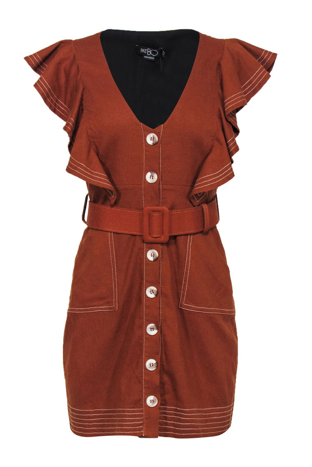 Current Boutique-Patbo - Terracotta Linen Blend Ruffled Button-Front Dress w/ Belt Sz 8