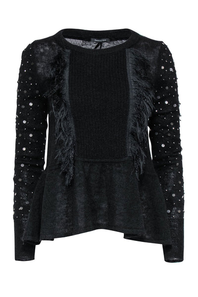 Current Boutique-Patrizia Pepe - Black Wool Blend Sweater w/ Feathered, Beaded & Sequin Fringe Sz 2