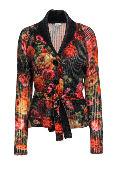 Current Boutique-Paul Smith - Grey, Red & Orange Floral Print Knit Cardigan w/ Belt Sz M