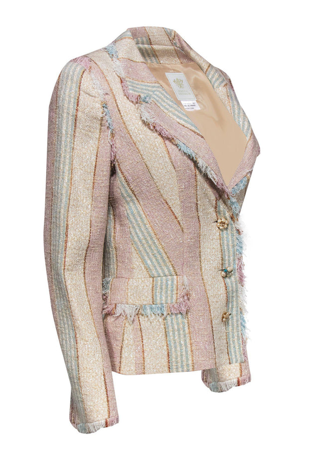 Current Boutique-Paule Vasseur - Cream, Blue & Pink Striped Tweed Blazer w/ Fringe Sz 8