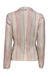 Current Boutique-Paule Vasseur - Cream, Blue & Pink Striped Tweed Blazer w/ Fringe Sz 8