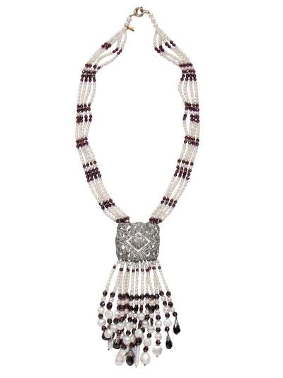 Current Boutique-Pearl Tassel & Red Beaded Necklace w/ Rhinestone Pendant