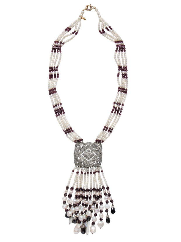Current Boutique-Pearl Tassel & Red Beaded Necklace w/ Rhinestone Pendant