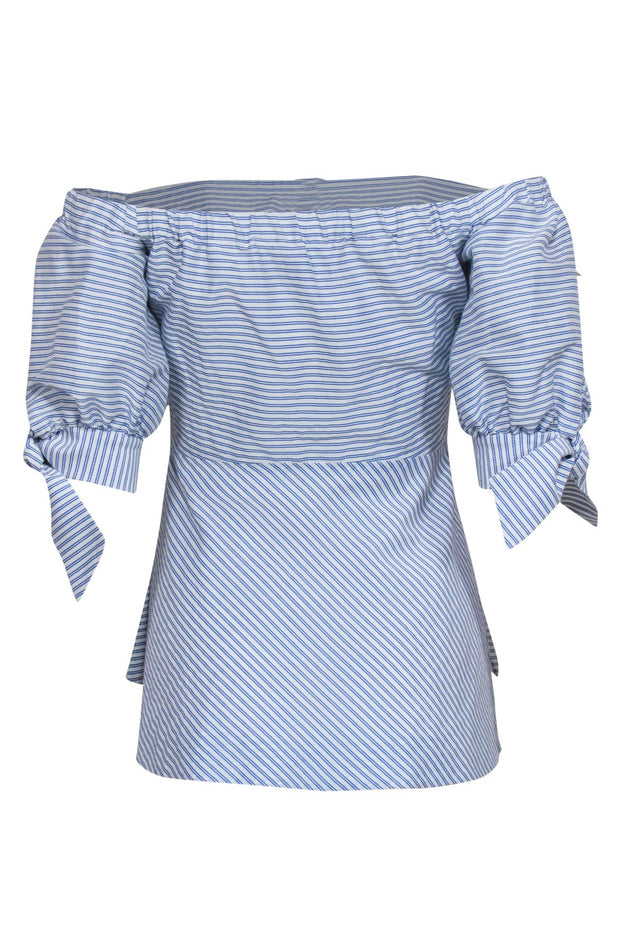 Current Boutique-Pearl by Lela Rose - Blue & White Striped Off-the-Shoulder Puff Sleeve Blouse Sz 0