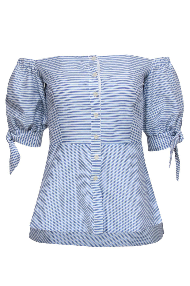 Current Boutique-Pearl by Lela Rose - Blue & White Striped Off-the-Shoulder Puff Sleeve Blouse Sz 0