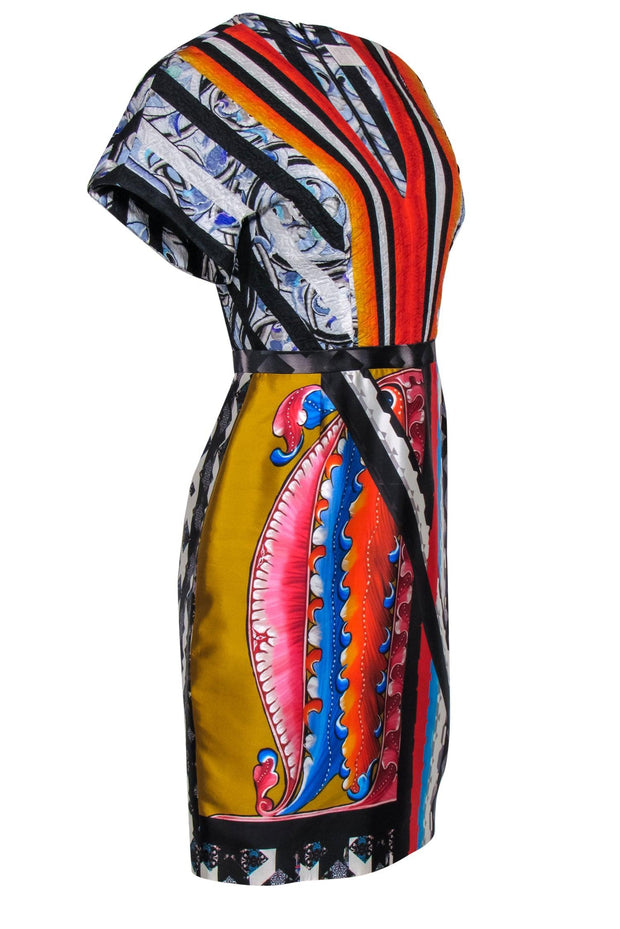 Current Boutique-Peter Pilotto - Multi-Patterned Silk Satin V-Neck Sheath Dress Sz 6