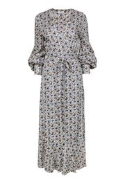 Current Boutique-Petersyn - Cream, Burgundy & Blue Floral Print Wrap Maxi Dress Sz L