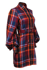 Current Boutique-Petersyn - Orange, Maroon & Navy Plaid Button-Up Shirt Dress w/ Belt Sz XS
