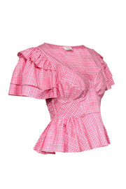 Current Boutique-Petersyn - Pink & White Plaid Ruffle Short Sleeve Peplum Top Sz S