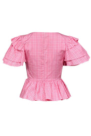 Current Boutique-Petersyn - Pink & White Plaid Ruffle Short Sleeve Peplum Top Sz S