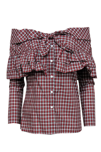 Current Boutique-Petersyn - Red & White Plaid Ruffle Off-the-Shoulder Button-Up Blouse w/ Bow Sz S