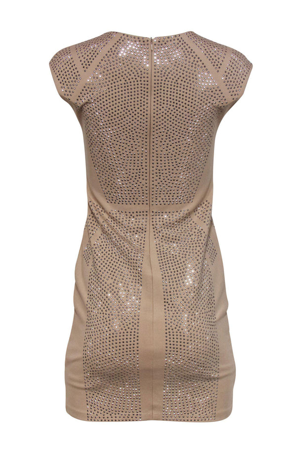 Current Boutique-Philipp Plein - Tan Cap Sleeve Sheath Dress w/ Rhinestones Sz M
