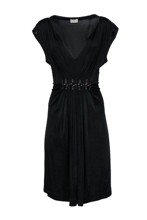 Current Boutique-Philosophy di Alberta Ferretti - Black Jewel-Waisted Plunge Dress Sz 10