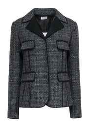 Current Boutique-Philosophy di Alberta Ferretti - Grey & Silver Tweed Wool Blend Jacket w/ Black Trim Sz 10