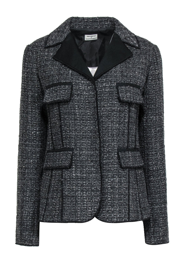 Current Boutique-Philosophy di Alberta Ferretti - Grey & Silver Tweed Wool Blend Jacket w/ Black Trim Sz 10
