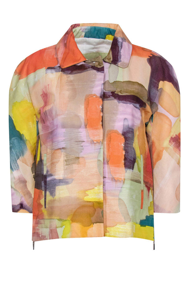 Current Boutique-Piazza Sempione - Multicolored Watercolor Print Quarter Sleeve Button-Up Jacket Sz 8