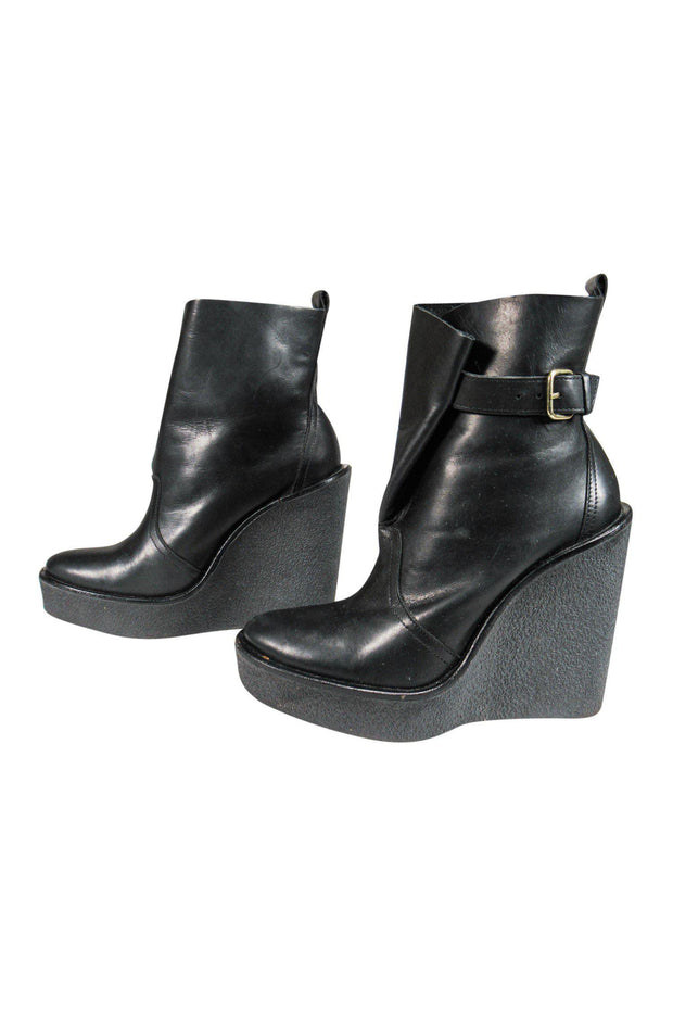 Current Boutique-Pierre Hardy - Black Leather Chunky Wedge Heeled Booties Sz 10