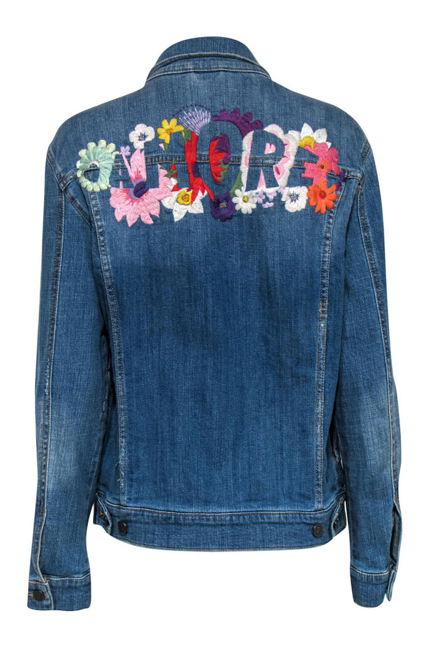 Current Boutique-Pilcro and the Letterpress by Anthropologie - Blue Jean Floral Embroidered "Amore" Jacket Sz M