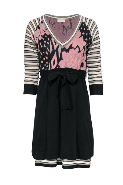 Current Boutique-Pinko - Black, Pink & White Floral Print & Striped Sweater Dress Sz L
