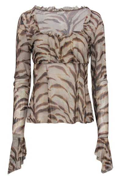 Current Boutique-Pinko - Brown Marbled Mesh Top w/ Ruffles Sz L