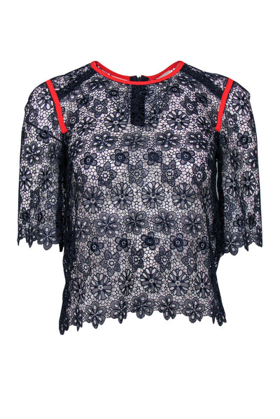 Current Boutique-Pinko - Navy Short Sleeve Lace Top w/ Neon Red Trim Sz 2