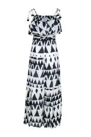 Current Boutique-Place Nationale - White & Navy Geometric Print Tiered Maxi Dress w/ Eyelet Trim Sz S