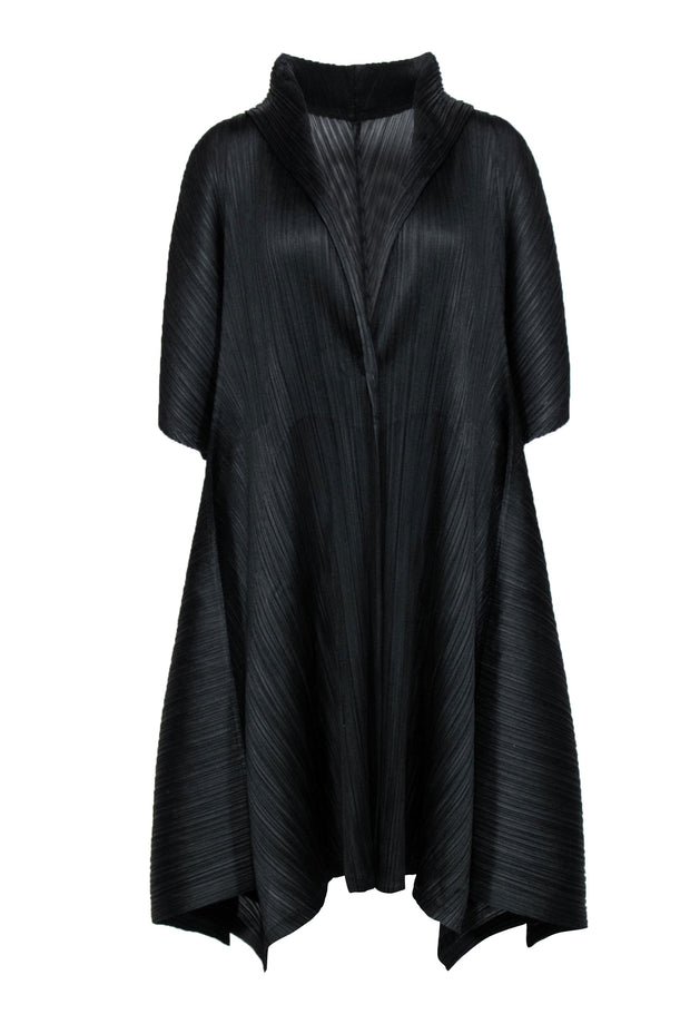 Current Boutique-Pleats Please Issey Miyake - Black Silky Pleated Longline Short Sleeve Kimono Sz XXL