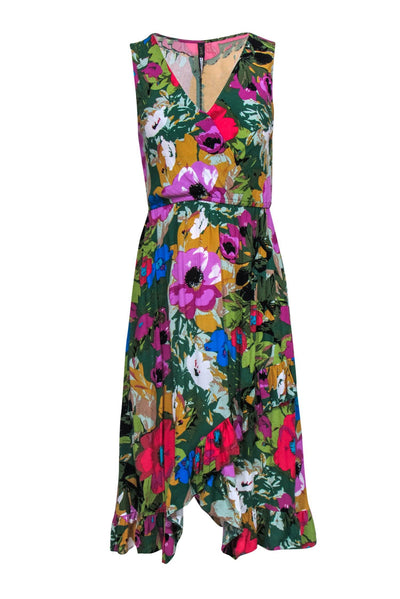 Current Boutique-Plenty by Tracy Reese - Green Floral Faux Wrap Dress w/ Ruffle Hem Sz XS