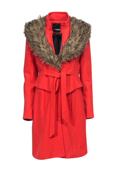 Current Boutique-Plenty by Tracy Reese - Orange Wool Blend Longline Coat w/ Faux Fur Collar Sz 8