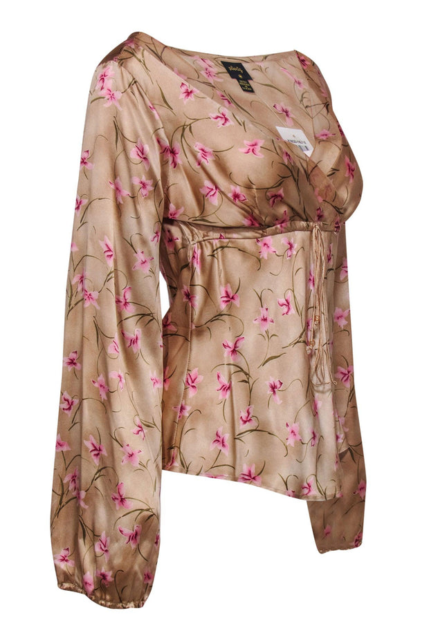 Current Boutique-Plenty by Tracy Reese - Rose Gold Silk Satin Floral Tie-Front Blouse Sz 10