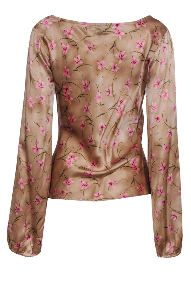 Current Boutique-Plenty by Tracy Reese - Rose Gold Silk Satin Floral Tie-Front Blouse Sz 10