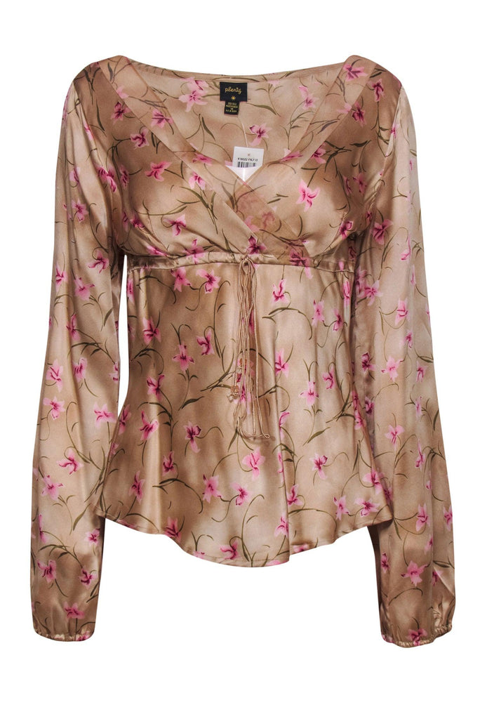 Plenty by Tracy Reese - Gold Silk Satin Tie-Front Blouse S – Current