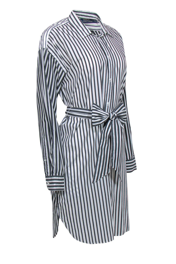 Current Boutique-Polo Ralph Lauren - White & Black Striped Belted Shirtdress Sz 14