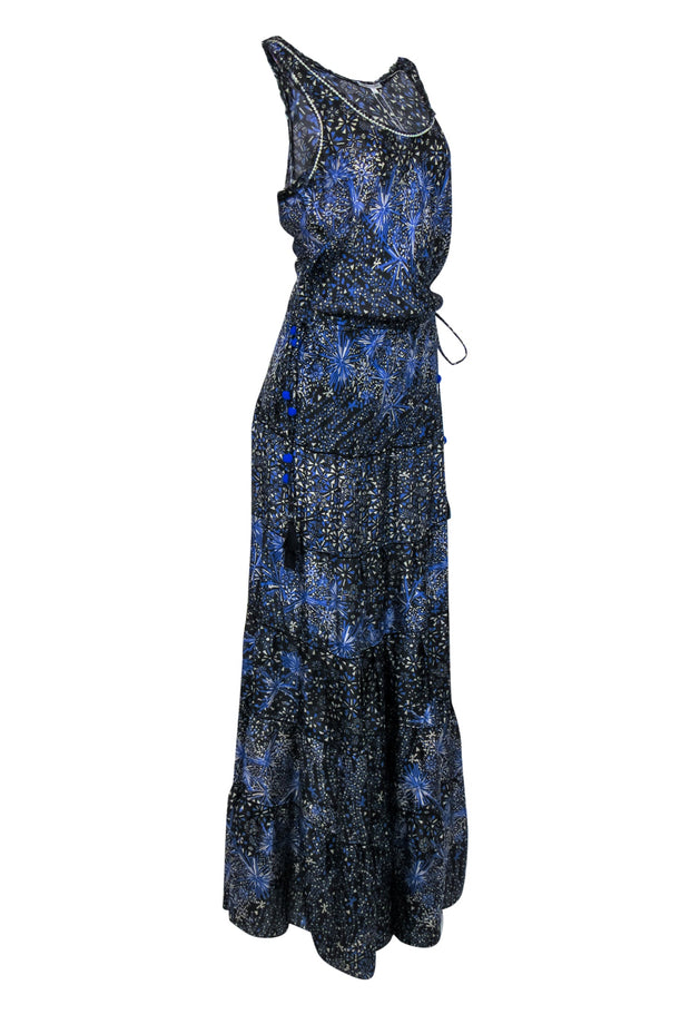 Current Boutique-Poupette St Barth - Blue & Black Bohemian Print Tiered Silk Maxi Dress Sz L