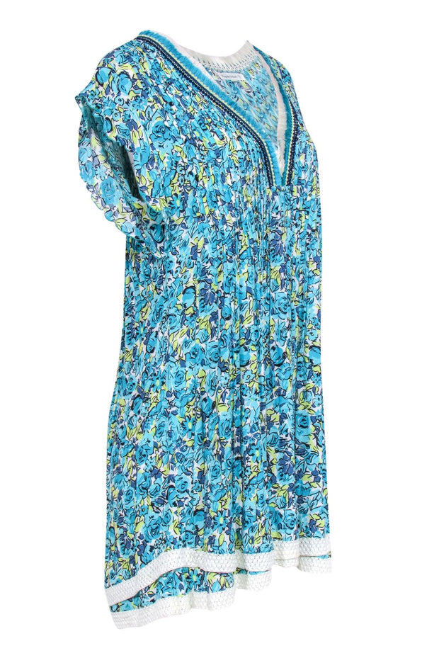 Current Boutique-Poupette St Barth - Teal & Chartreuse Floral "Sasha" Pleated Mini Dress Sz L