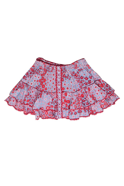 Current Boutique-Poupette St. Barth - Sky Blue, Pink & Red Floral Print Ruffled "Camila" Miniskirt Sz S/M
