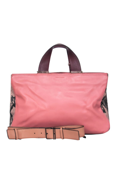 Current Boutique-Pour La Victoire - Pink Leather Convertible Satchel w/ Snakeskin, Maroon & Beige Trim