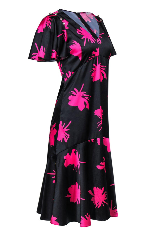 Current Boutique-Prabal Gurung Collective - Black & Hot Pink Flower Printed Ruffled Sleeve Dress Sz 4