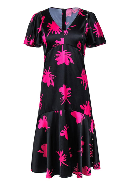 Current Boutique-Prabal Gurung Collective - Black & Hot Pink Flower Printed Ruffled Sleeve Dress Sz 4