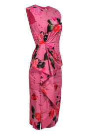 Current Boutique-Prabal Gurung - Pink Floral Print Sleeveless Ruched Midi Dress w/ Flounce Sz 2