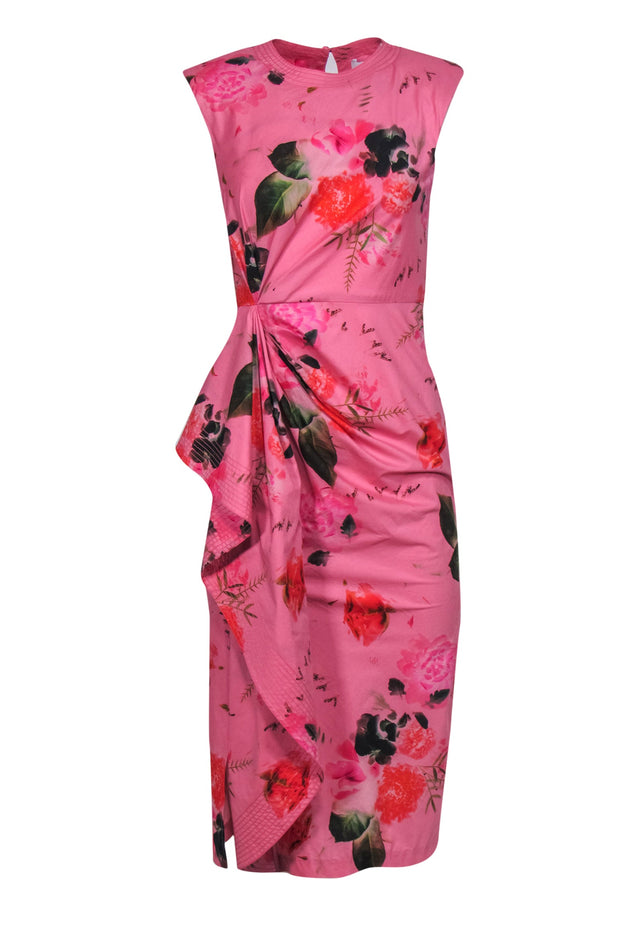 Current Boutique-Prabal Gurung - Pink Floral Print Sleeveless Ruched Midi Dress w/ Flounce Sz 2