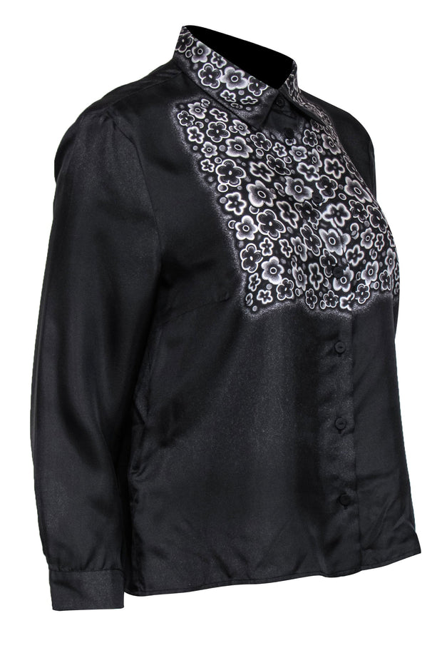 Current Boutique-Prada - Black Button-Up Long Sleeve Silk Blouse w/ Floral Print Trim Sz 10