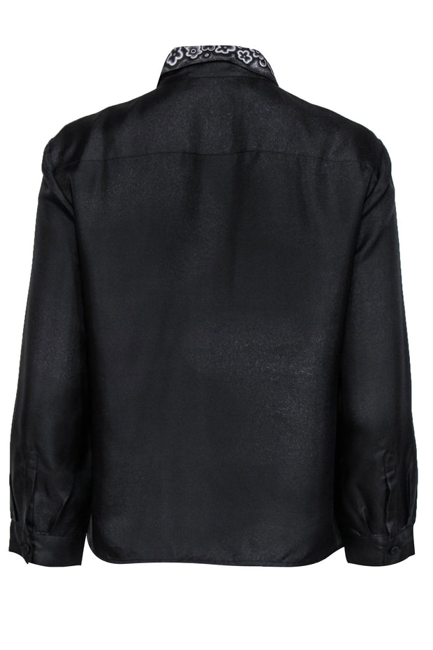 Current Boutique-Prada - Black Button-Up Long Sleeve Silk Blouse w/ Floral Print Trim Sz 10
