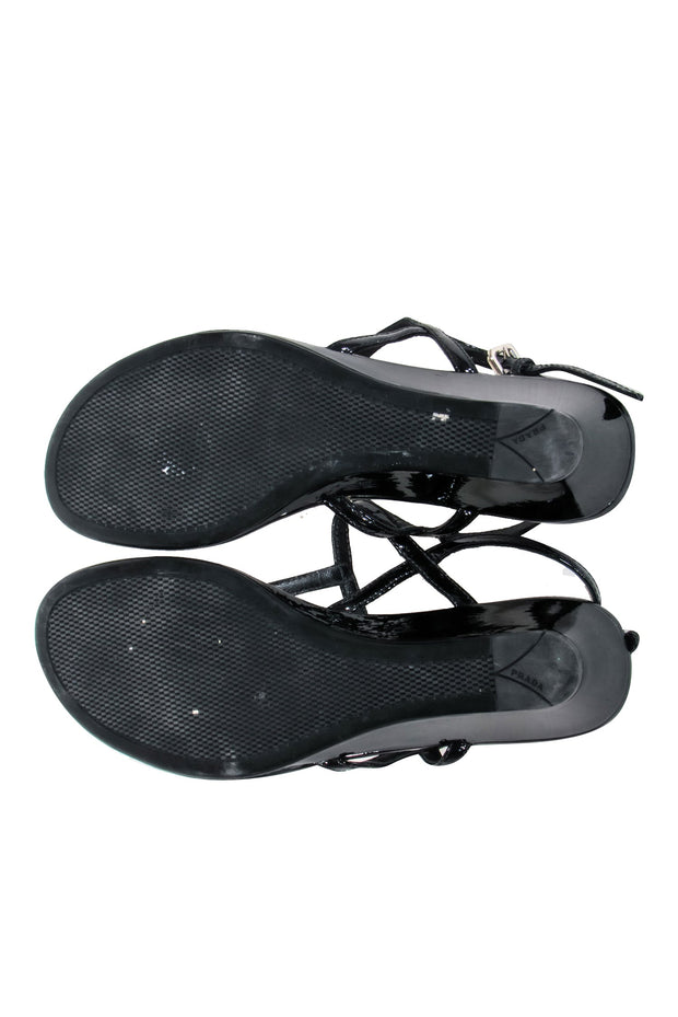 Current Boutique-Prada - Black Patent Leather T-Strap Wedge Sandals w/ Ankle Strap Sz 6.5