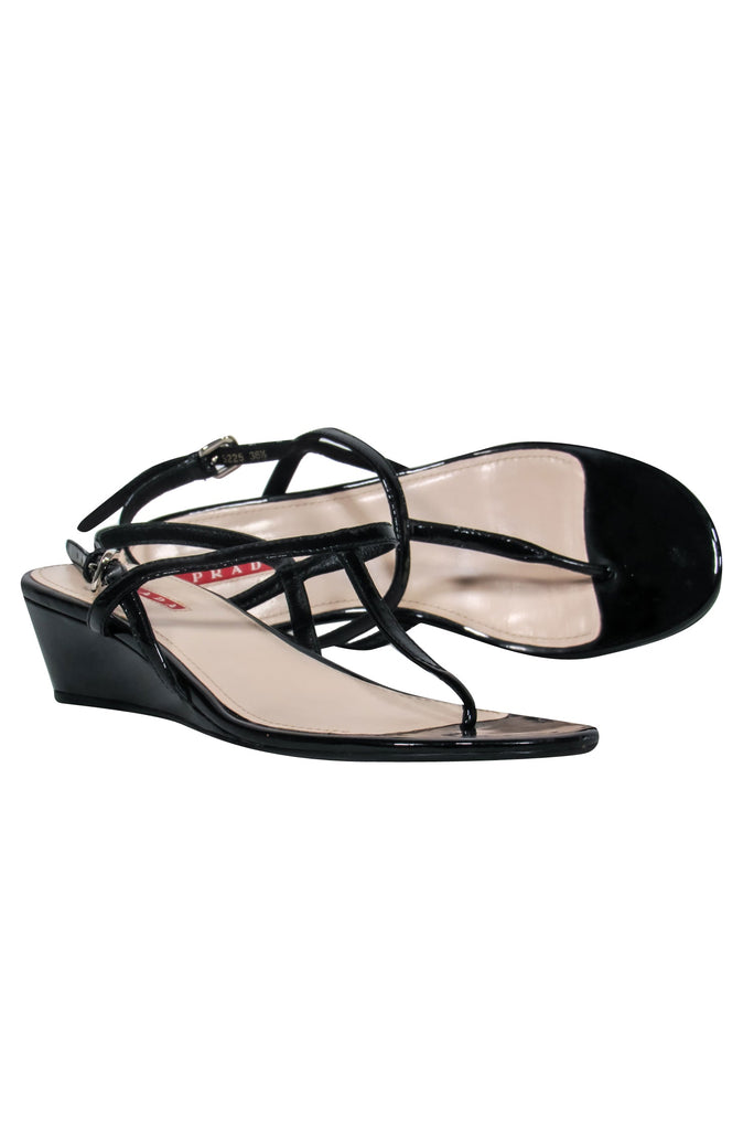 Prada - Black Patent Leather T-Strap Wedge Sandals w/ Ankle Strap