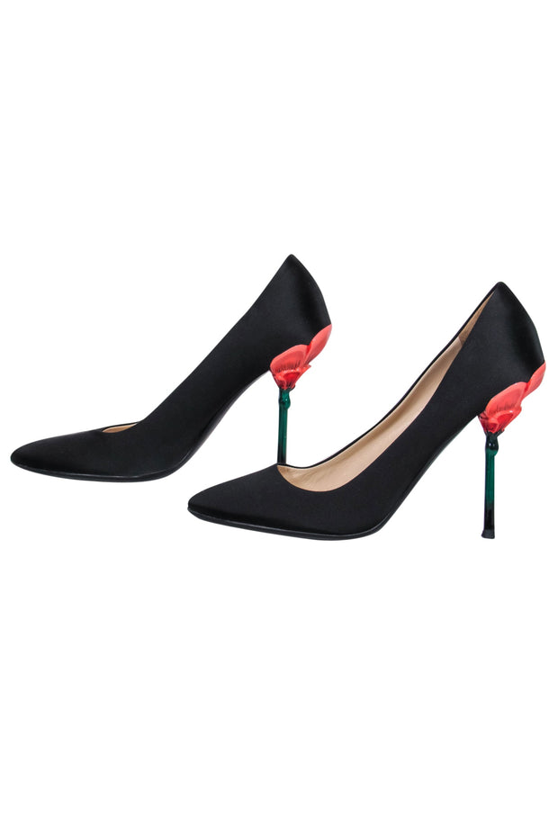 Prada Fairy Collection Black Satin Peep Toe Sculpted Flower Heel Shoes –  Basha Gold