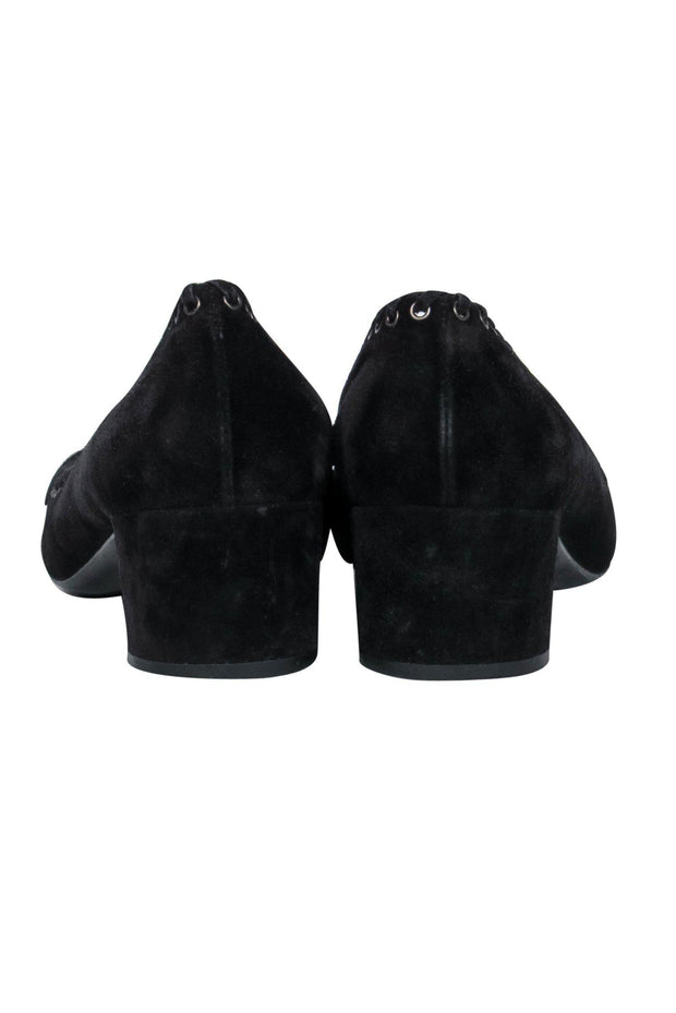Current Boutique-Prada - Black Suede Block Heel Loafers w/ Eyelet Lace-Up Trim Sz 9.5