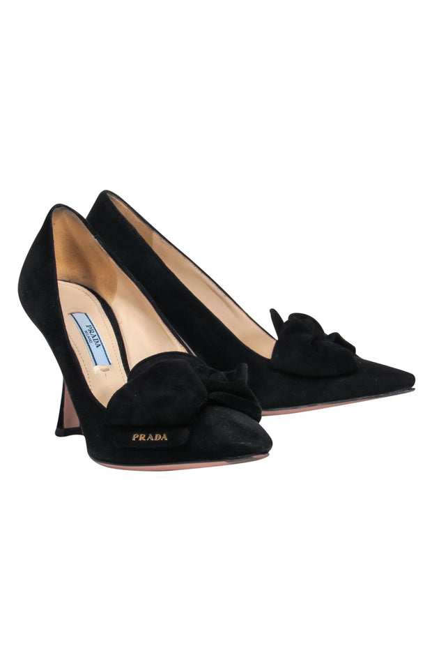 Current Boutique-Prada - Black Suede Knotted Bow Pointed Toe Heels Sz 6