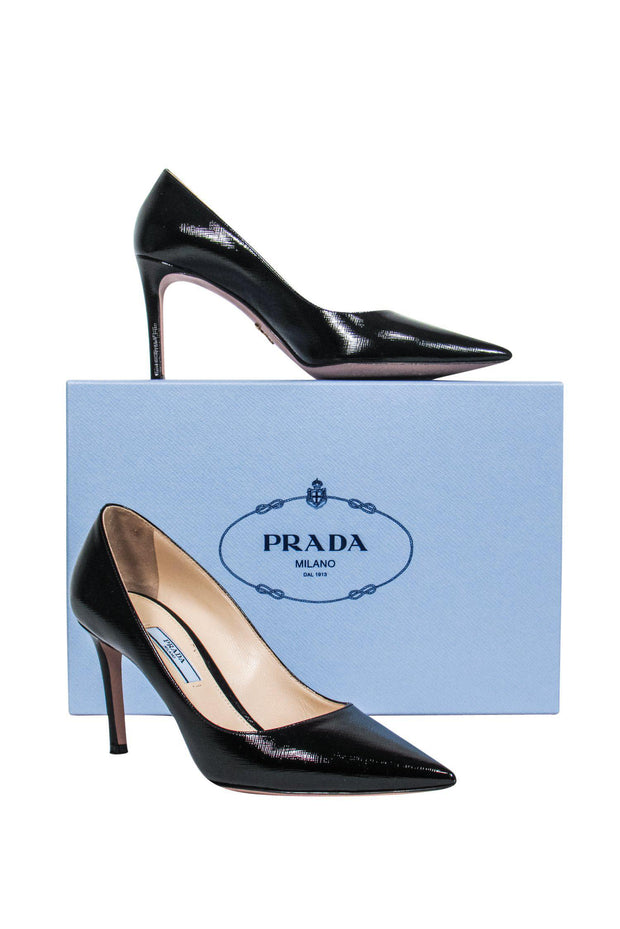 Current Boutique-Prada - Black Textured Patent Leather Pumps Sz